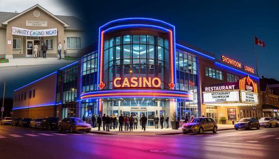 Interior of elegant casino gaming floor with slot machines and gaming tables
