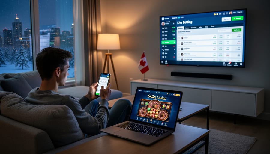 Person using smartphone for sports betting with laptop in home setting
