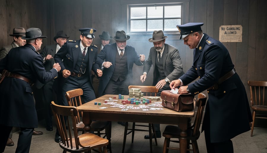 Historical Canadian police officer standing by wooden doors representing enforcement of gambling prohibition