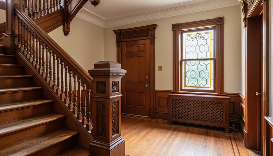 Detailed view of hand-carved wooden staircase newel post in heritage home