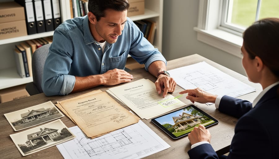 Historical property documents and vintage photographs on wooden desk