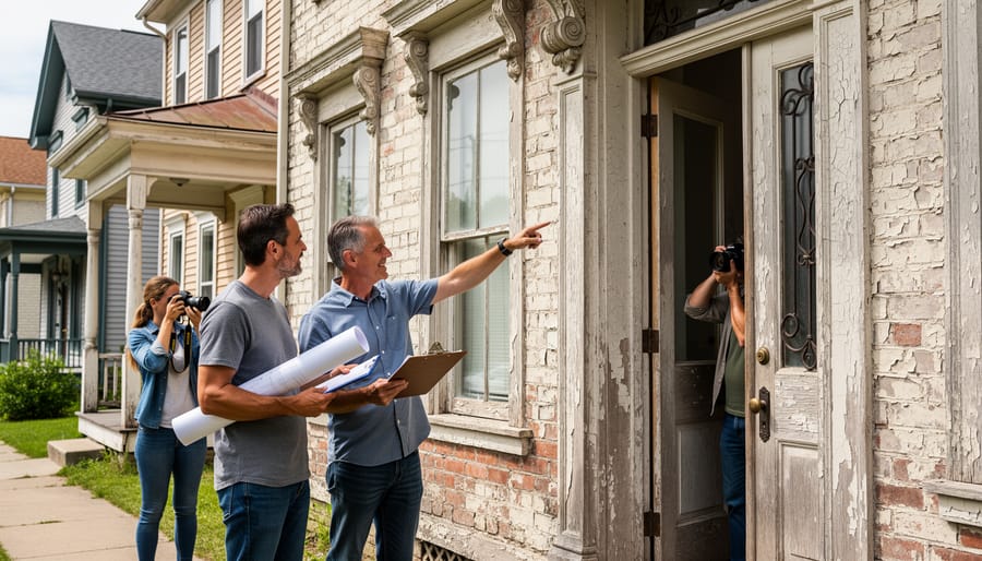 Restoration expert examining original architectural details in heritage home