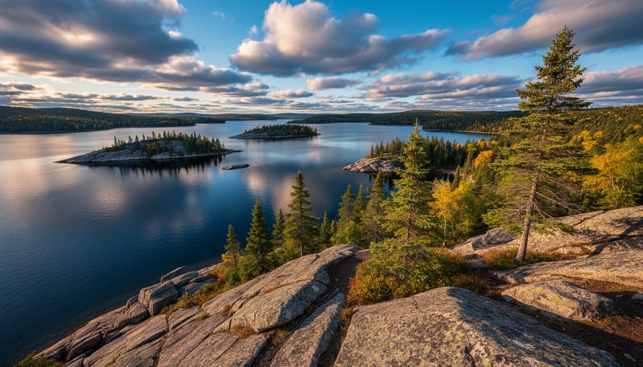 Windswept pine trees on rocky Canadian Shield landscape overlooking pristine lake