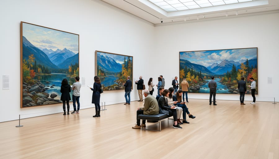 Museum visitors viewing Group of Seven landscape paintings in gallery setting
