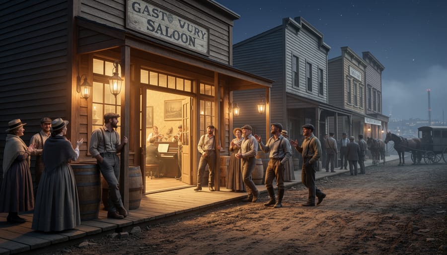 People gathered outside a historic saloon in Gastown at night with warm light spilling onto wet cobblestones.