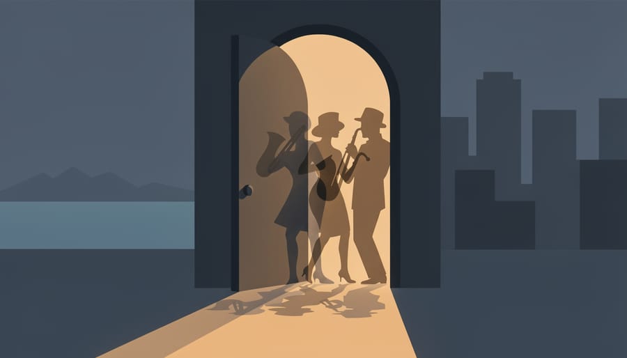 Dimly lit underground jazz club scene with visible silhouettes and warm lantern light through a doorway.