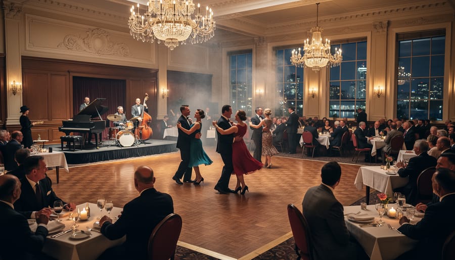 Couples dancing in a warmly lit hotel ballroom with chandeliers and an ornate ceiling.