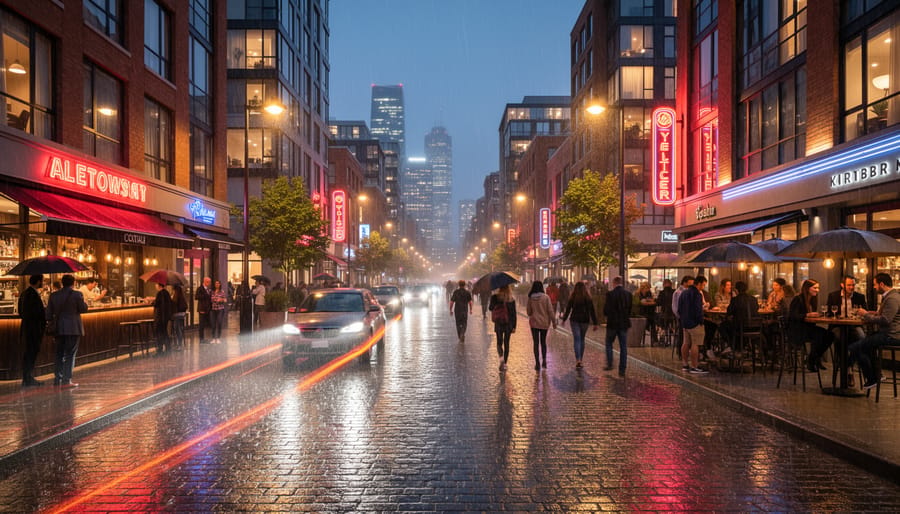 People walking past a lit nightlife venue on a rainy Yaletown street with city lights reflected on the sidewalk.