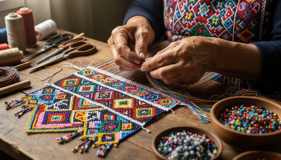 Close-up of an Indigenous elder’s hands holding a beaded pouch and woven textile with detailed textures visible.