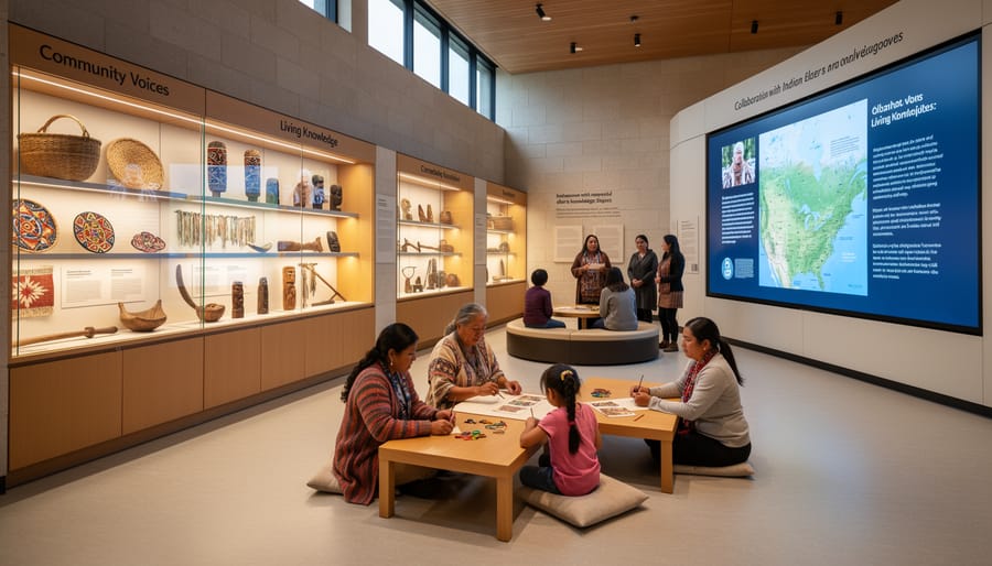 Museum reading room with a display case of traditional objects and an open book on a table.