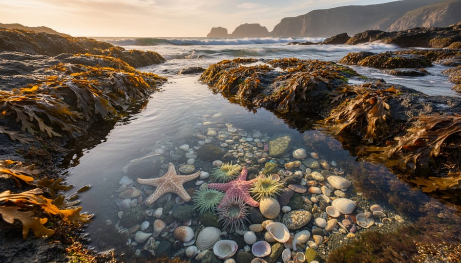 Coastal rocks and tide pools with seaweed under golden hour sunlight.