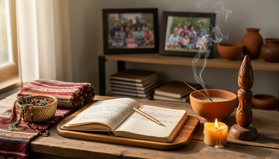 Handcrafted drum, sweetgrass bundle, and natural-fiber ledger resting together in a softly lit setting.