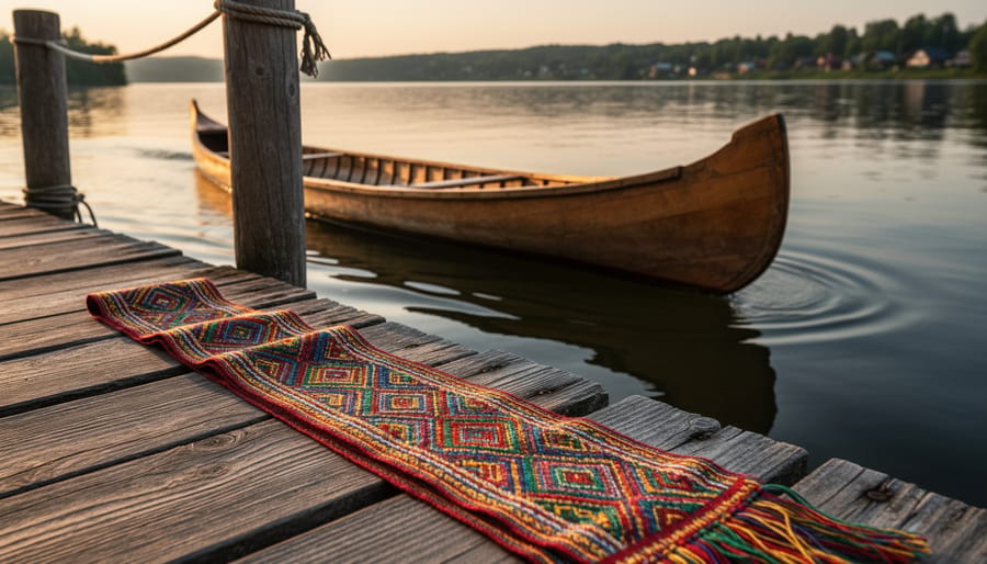 An Indigenous Elder holds an intricately patterned woven sash near a birch-bark canoe on a shoreline.