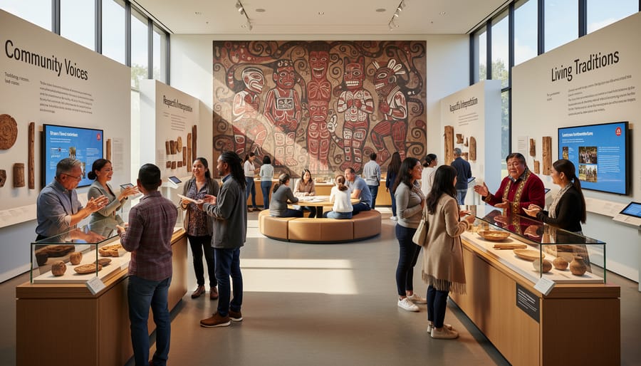 A community knowledge holder speaks to visitors beside a display case in a museum gallery.