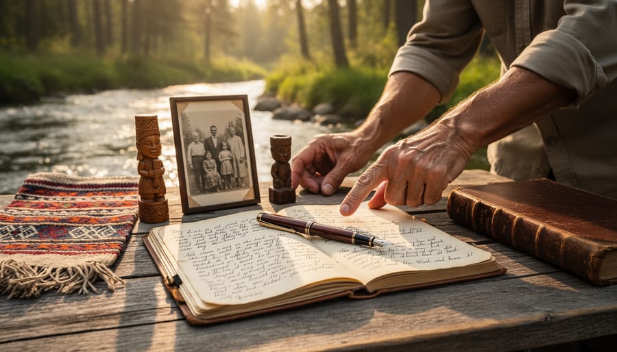 Open journal on a rock in a cedar forest clearing with nearby cultural items