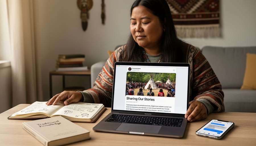 Close view of hands using a laptop while printed community stories and notebooks lie on a wooden desk