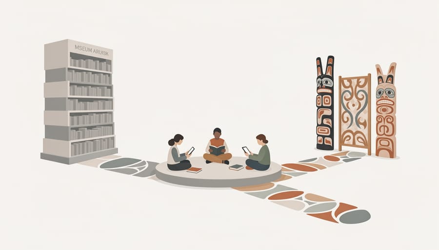 Textiles and books displayed in a museum reading room illuminated by natural window light
