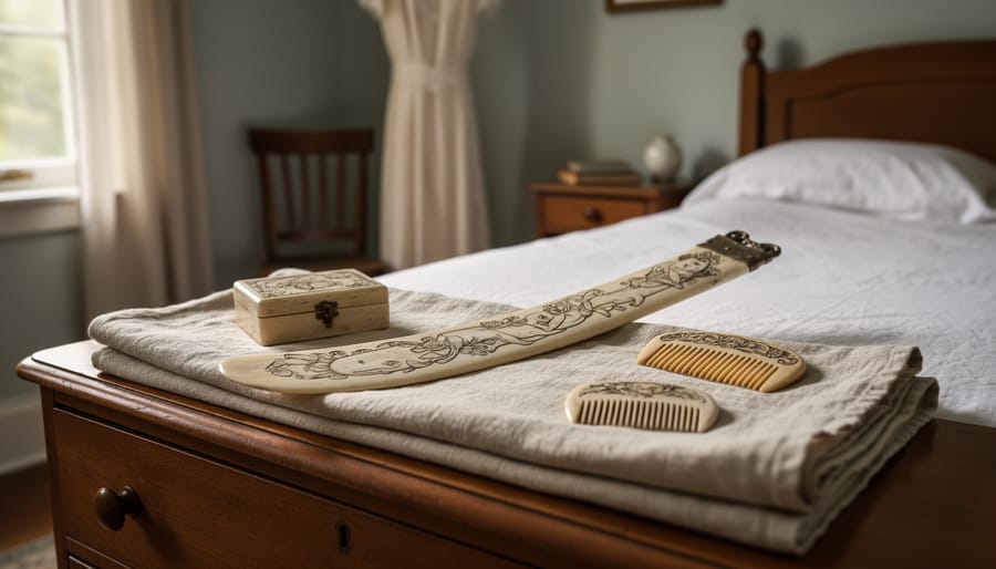 Decorative scrimshaw busk and engraved items laid on fabric beside a leather satchel