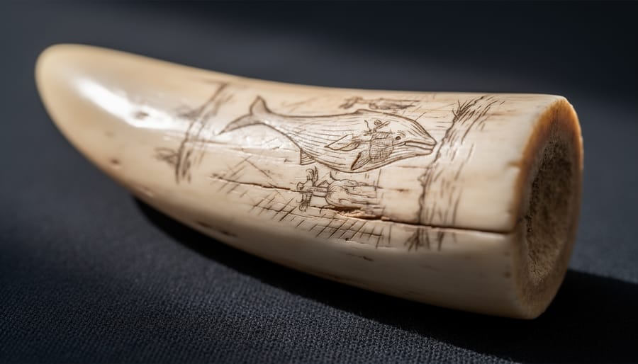 Close-up of hands carving and shading an etched whale tooth with a fine engraving tool
