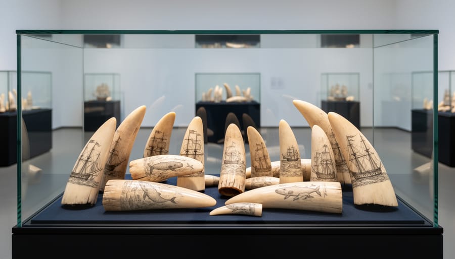 Close-up of scrimshaw whale teeth and carved bone displayed on dark wooden planks in a museum setting