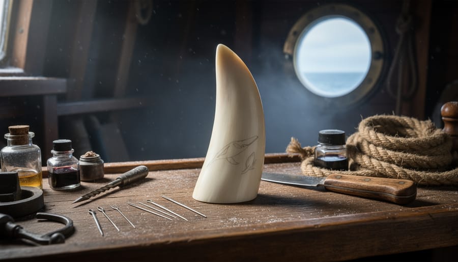 Sailor tools and a whale-tooth blank resting on a ship rail in an icy Arctic whaling context